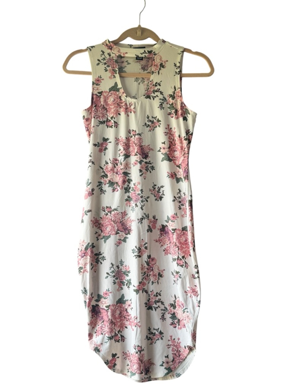 Womens ultra Soft Sleeveless White Floral Midi Dress with Pink Rose Print, Small